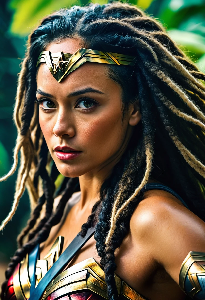 Extremely close-up Tristin Mays under the mantle of the Amazon warrior Wonder Woman images Surreal cinematic HD images Color Splash (((dreadlocks))),(((Diaema Wonder Woman))