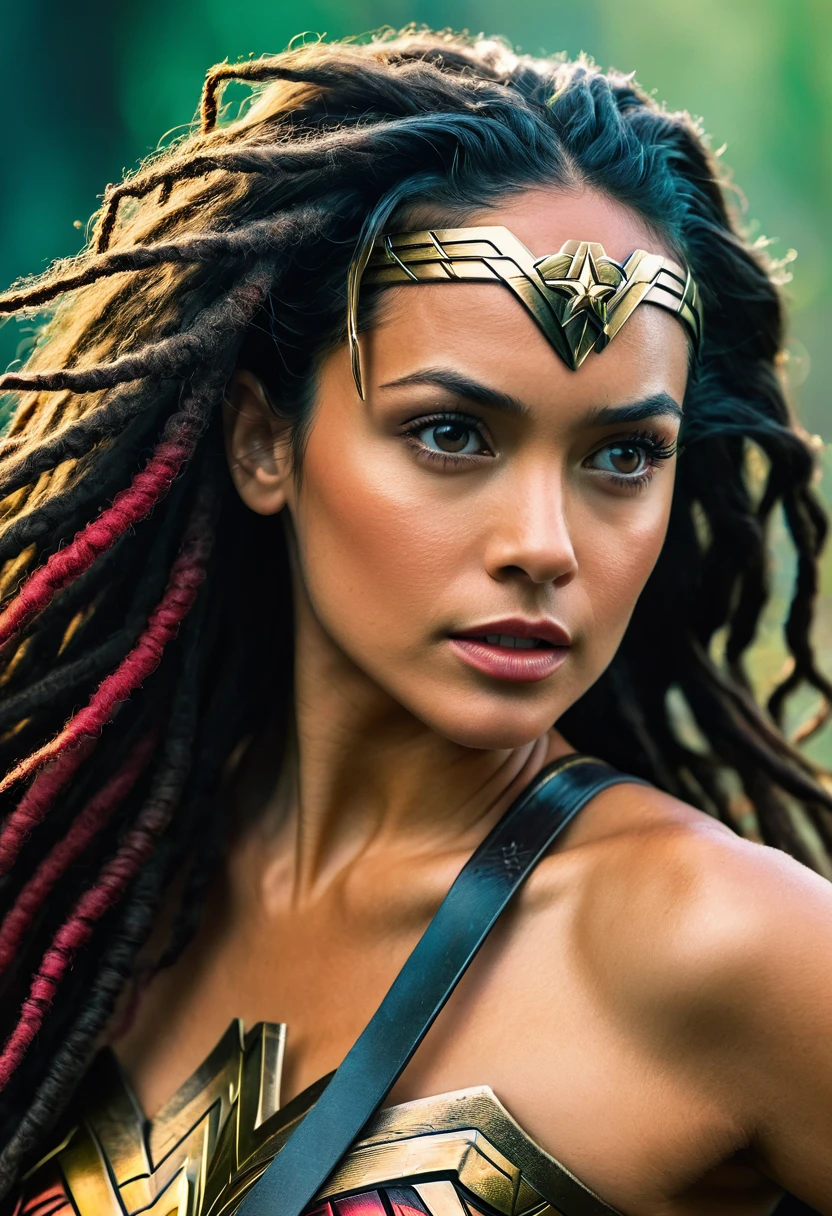 Extremely close-up Tristin Mays under the mantle of the Amazon warrior Wonder Woman images Surreal cinematic HD images Color Splash (((dreadlocks))),(((Diaema Wonder Woman))