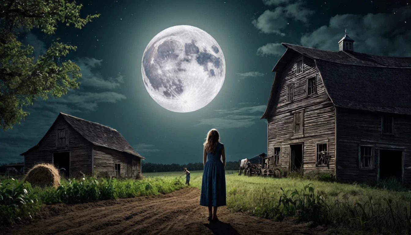 Image of a farm with a scared woman in front,  the full moon night 