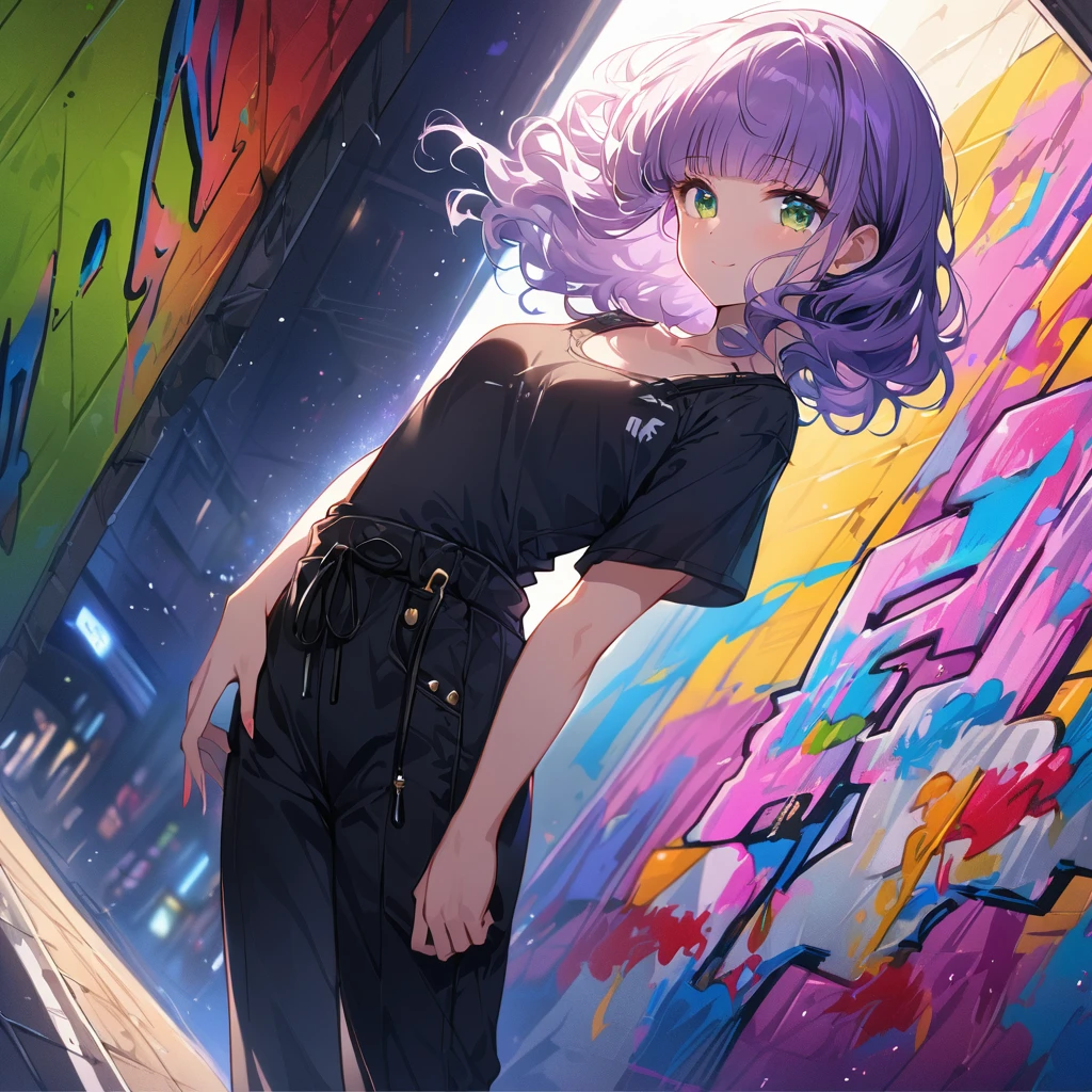 a masterpiece, beautiful eyes, a beautiful face, beautiful depiction, details, solid blue Skyscrapers background, ultra detailed, 8K, 1950's girl, pale-purple hair, a dynamic angle, wavy hair blowing in the wind, blunt bangs hair, black and green eyes,small breast, A black tank top showing her slim belly, black drawstring pants, black ballet shoes, full body shot, A starry sky, a gentle smile, Graffiti art, dimly lit underpass, light coming from behind her, look at viewer, pale colors,a girl is crying with her hands closed,