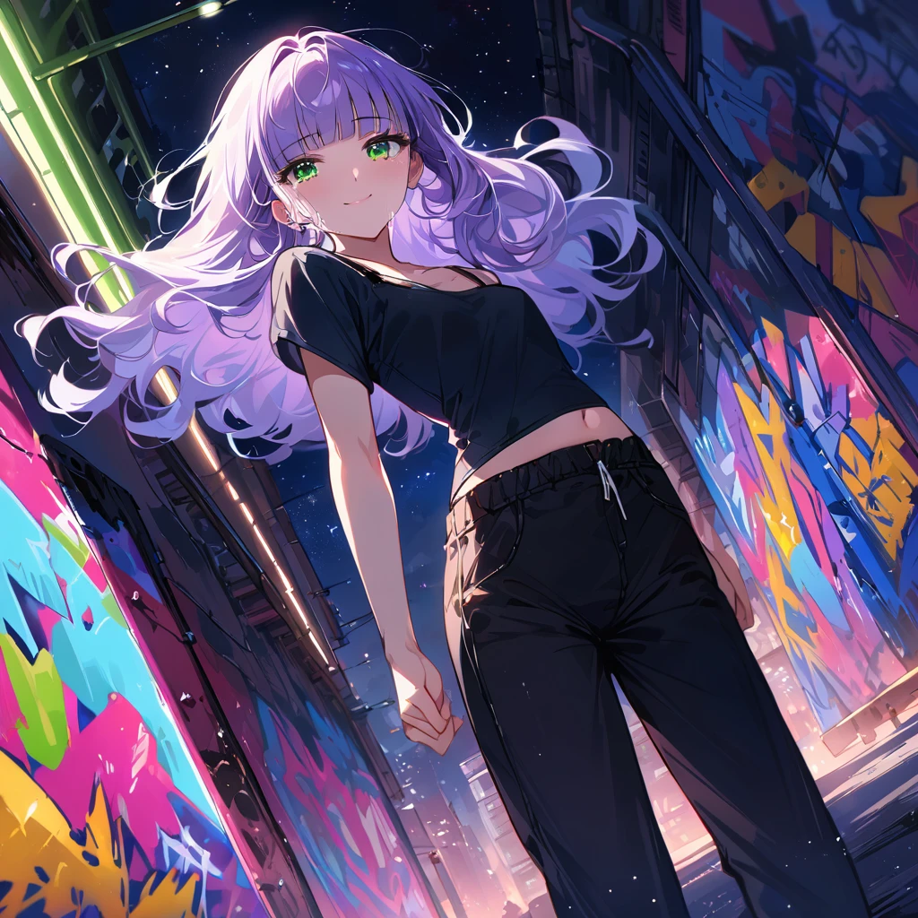 a masterpiece, beautiful eyes, a beautiful face, beautiful depiction, details, solid blue Skyscrapers background, ultra detailed, 8K, pale-purple hair, a dynamic angle, wavy hair blowing in the wind, blunt bangs hair, black and green eyes, A black tank top showing her belly button, black drawstring pants, black ballet shoes, full body shot, A starry sky, a gentle smile, Graffiti art, dimly lit underpass, light coming from behind her, look at viewer,
