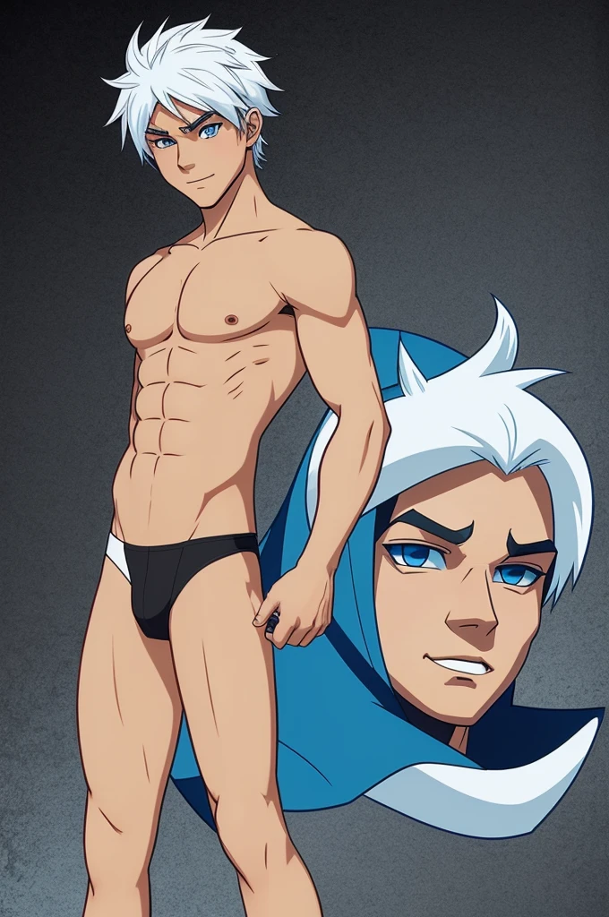 create a 2d drawing of the human boy version based on character "polar" from the animated series "scandalous".