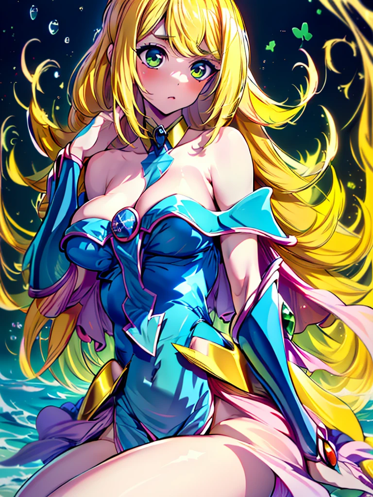 Masterpiece, The best quality, 8k resolution, sharp focus, intricate details, beautiful , bright Eyes, golden ratio face, otherworldly liquid, watercolor, warm colours, bright colors, capricious, Color, sharp focus, High resolution, Detail it up, ((Layered Puffy Long Sleeve Prom Dress)), ((rounded eyes)), iridescent bubbles, fantasy background