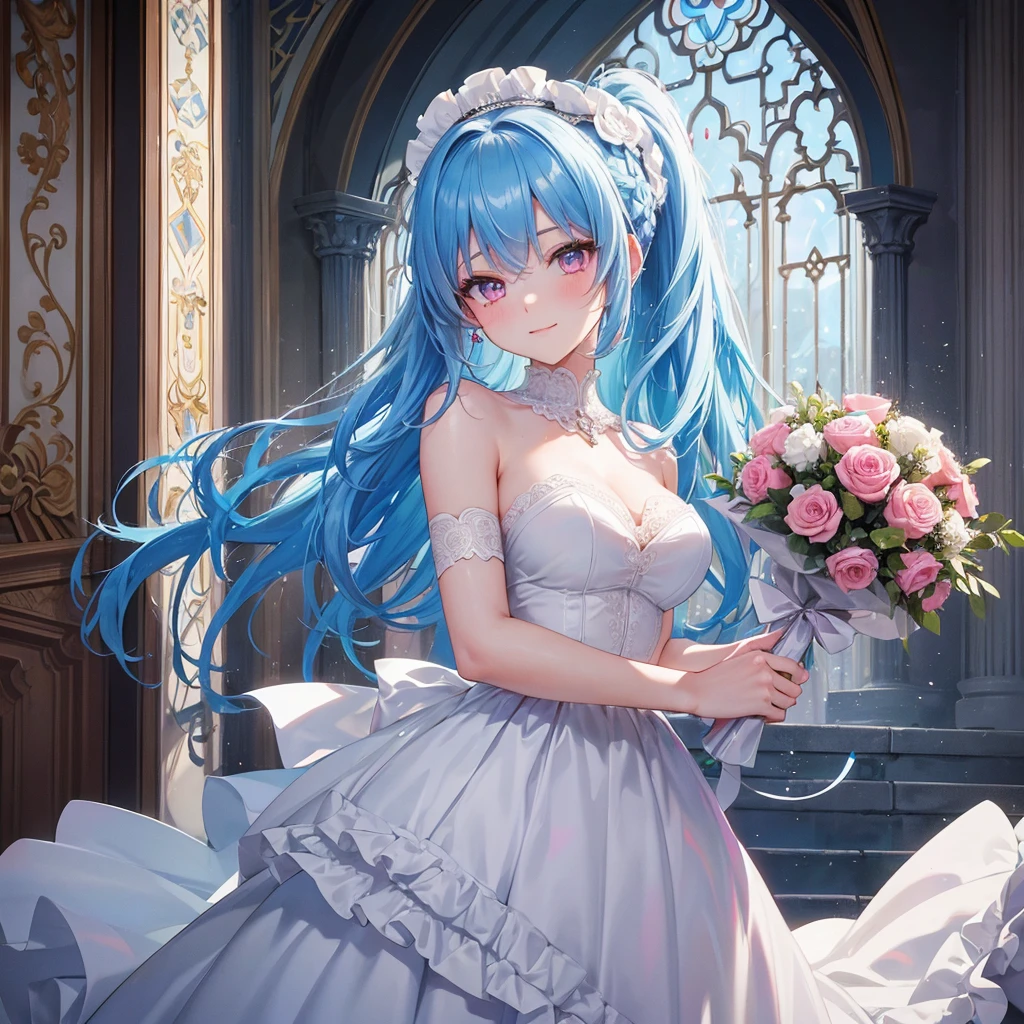 Sky blue hair, (Braided Ponytail),(Pink Eyes),Fair skin ,(whole body),(One girl),bride,A big smile,Straight bangs, 6月のbride,Wedding dress,(masterpiece, Highest quality, Very detailed, Best Shadow), (Detailed Background), (Beautifully detailed face), High Contrast, (Best lighting, Very delicate and beautiful), ((Cinematic Light)), colorful, Hyper Detail, Dramatic Light, Intricate details,Chapel background,Bouquet of roses,Ring on left ring finger,