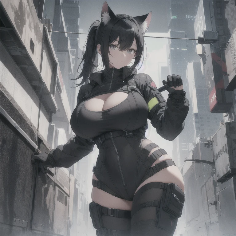 Absurd resolution, high resolution, (masterpiece: 1.4), hyper-detail, full body shot, solo, 1 kemono feline cat woman, humanoid, no skin other than neck and head shown, black hair, messy ponytail, cute face, detailed soft grey eyes, huge massive hyper super swollen heavy breasts, breasts so big that cover her whole torso and are bigger than her head while being so big they reach her belly button, extremely super large swollen perky heavy bust, super huge enormously gigantic tits, gigantic bursting out of her top, wide full hips, narrower torso and shoulders, smaller torso, full thicc big soft thighs, big rounded full soft butt, ruggedized utility styled outfit, fully insulated suit, full body outfit coverage with no skin showing or revealed, scifi monochrome black and grey fullbody covering protective padding rugged loose-fitted pilot utility suit, white zipped utility cropped top for breasts support with a black strap horizontal across cleavage worn on top of suit, tactical strategic angular-patterned protective padding on hips and thighs and abdomen, practical/functional clothing, weather-proof durable clothing material, nylon clothing material, custom made clothing to fit and support large breasts, scifi padded rugged rigid high collar techwear jacket, armored high collar, white and black triangular decals and techwear iconography on apparel and clothing, techwear gloves, arm mounted strapped display scifi tablet/communication device/computer, rugged tablet display mounted on MOLLE strap on top of her bust, ruggedized computer tablet mounted above her breasts, screen display mounted on top of her chest, ruggedized tech, ruggedized tech aesthetic, fitted utility pants, utility chaps, near future scifi, cyberpunk aesthetic, anime aesthetic