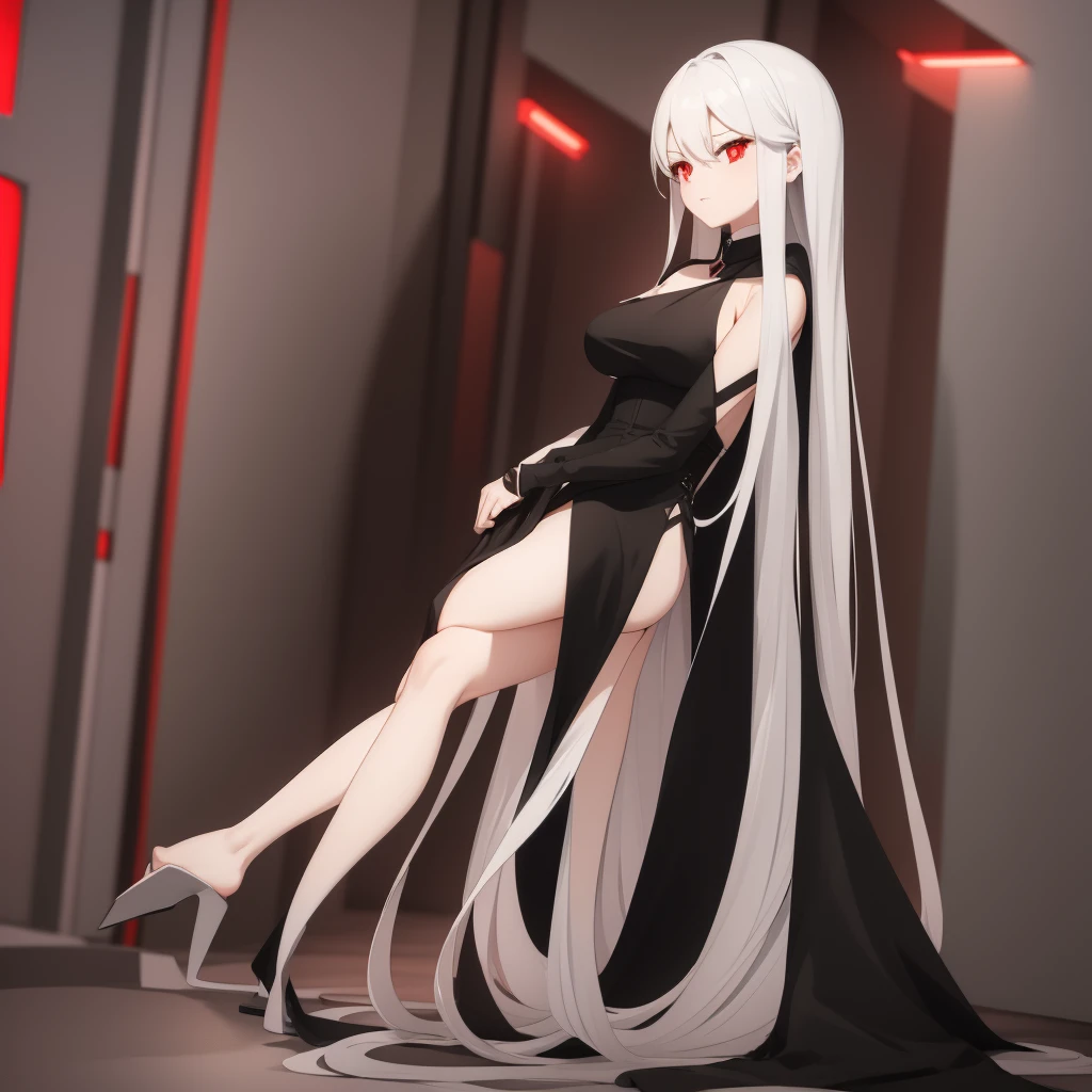 sensual female character with long white hair. Red eyes. mature face. black dress with low neckline. it must be in a futuristic setting