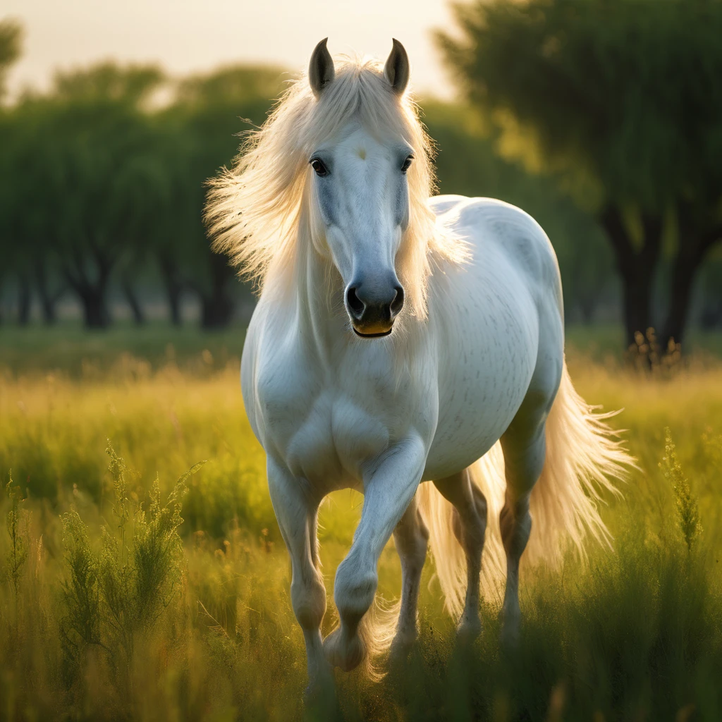 (realistic,photorealistic,photo-realistic:1.37),ultra-detailed,(best quality,4k,8k,highres,masterpiece:1.2),hyper realistic image of the Camargue horse,Cattle Egret,beautiful detailed eyes,extremely detailed face, detailed feathers, white coat, long mane, detailed hooves, grazing in a lush green meadow, golden hour lighting, warm color tones, cinematic composition, dramatic lighting, highly detailed background, intricate textures, dynamic pose, depth of field, atmospheric haze