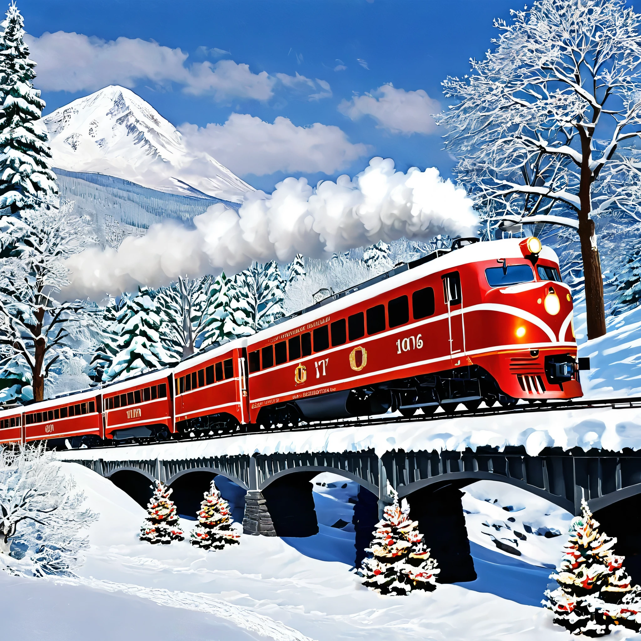 Create an image of a holiday train traveling through a snowy landscape. Show passengers enjoying hot chocolate and admiring the scenery.