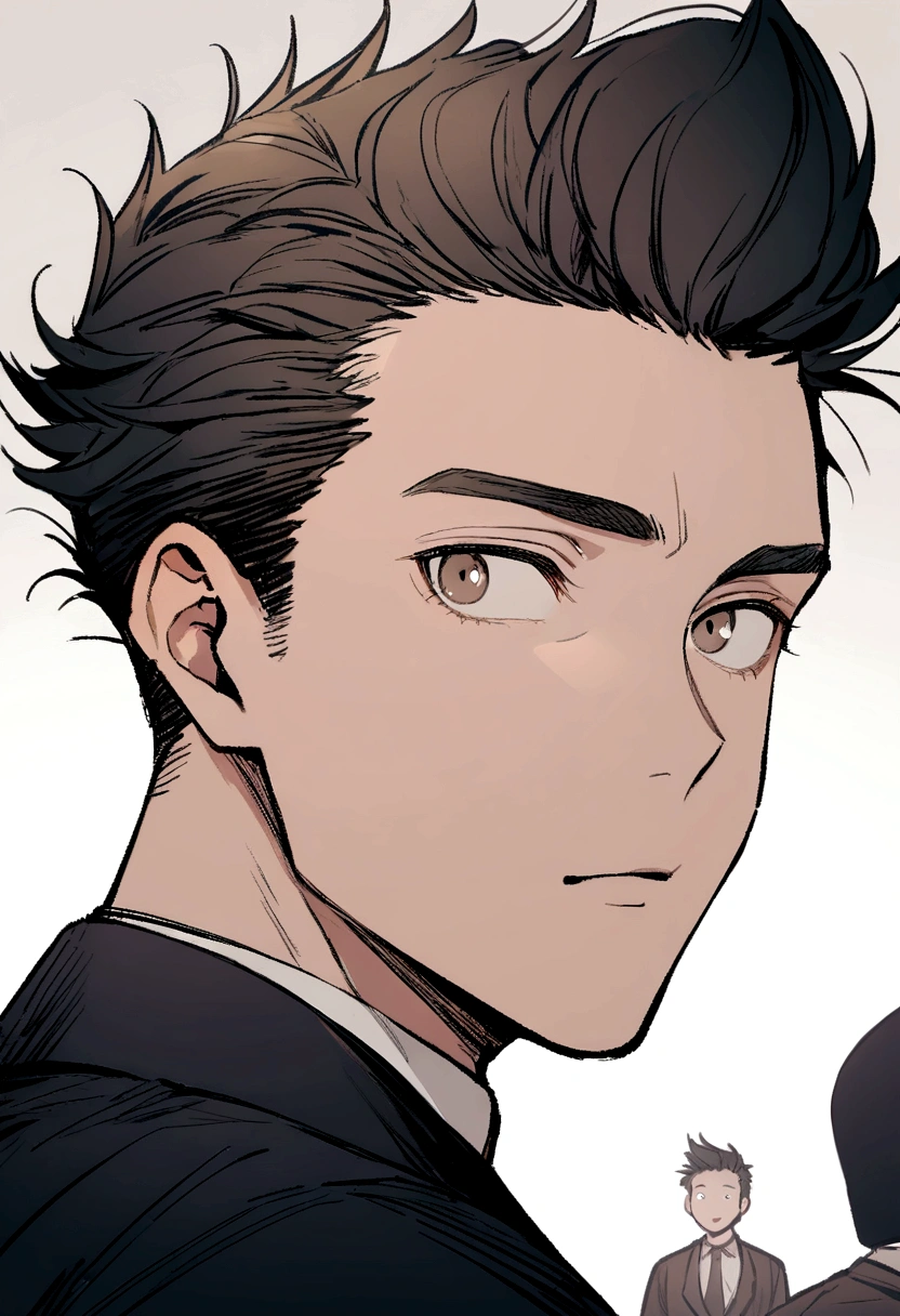 tall boy, side shaved hair, curly quiff, eyes browns, Bblack hair