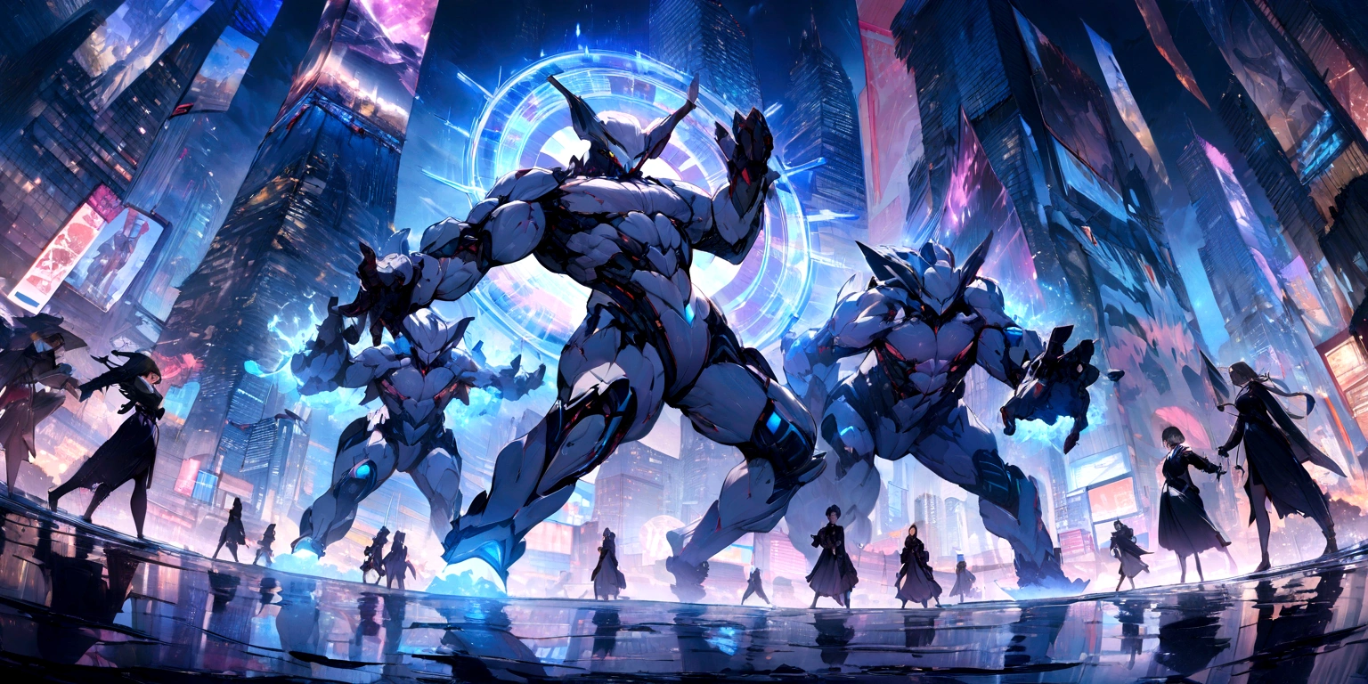 ((masterpiece, Highest quality, Best image quality, High resolution、4k)) Giant Wheel、Burning Wheels、Devil on Wheels、Glowing blue eyes and advanced cybernetic enhancements. Seen in dynamic action poses, reflection on a smooth surface. The cityscape below is filled with towering skyscrapers., illuminated by colorful holographic advertisements, Shining with blue energy, Mighty power. The overall atmosphere is dark and mysterious., It had a futuristic techno vibe.. The lighting is dramatic, Intense highlights and deep shadows, Creates depth and tension.