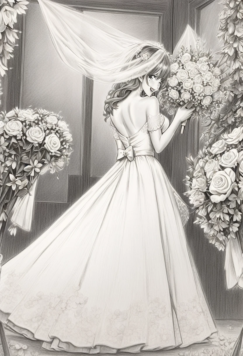 BREAK Perfect Anatomy、(High resolution:1.2)、Incredible illustrations、(Cute illustrations:1.2)、(beautiful ass)(Beautiful background)Bride throwing bouquet (pencil drawing:3.0)