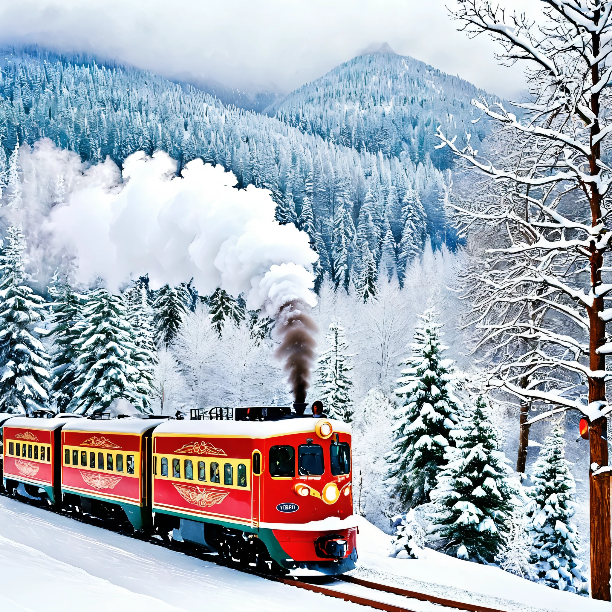 Create an image of a holiday train traveling through a snowy landscape. Show passengers enjoying hot chocolate and admiring the scenery.