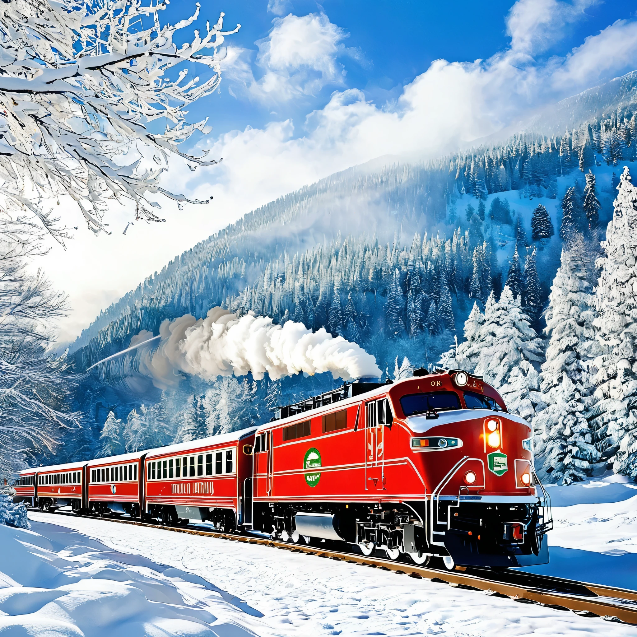 Create an image of a holiday train traveling through a snowy landscape. Show passengers enjoying hot chocolate and admiring the scenery.