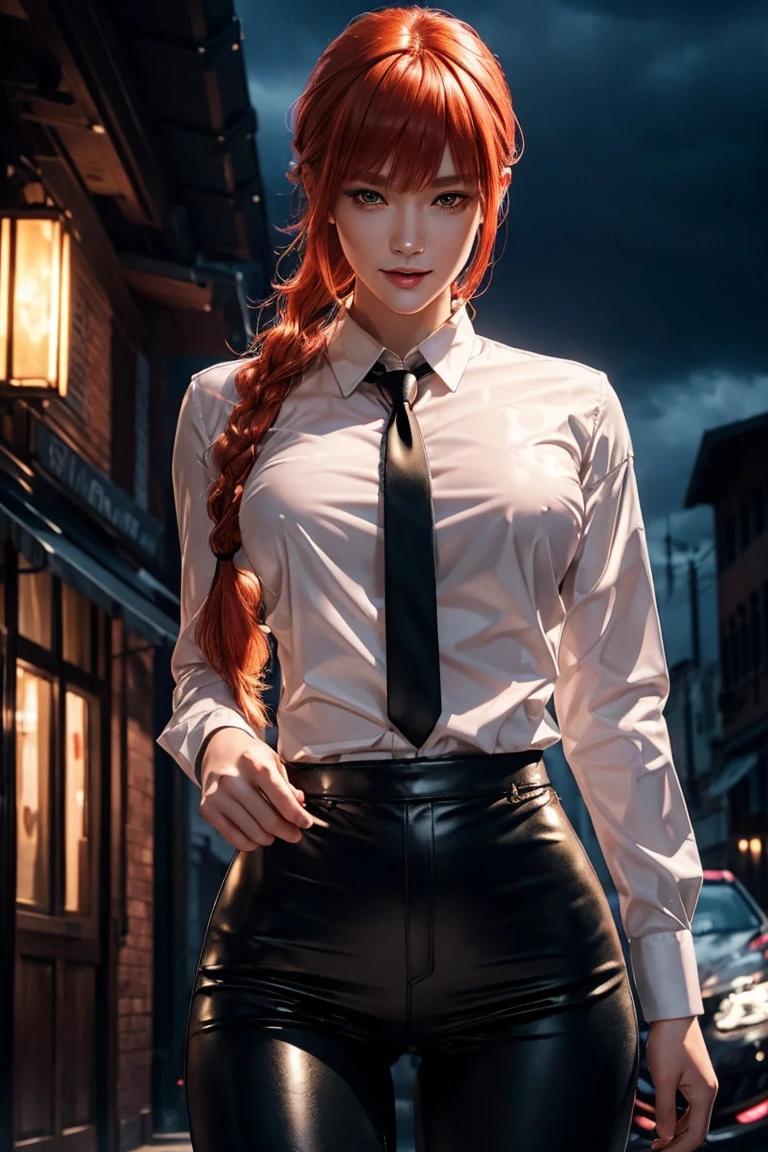 Chainsaw Man,Makima,With bangs,Red Hair,Braids at the back,Golden Eyes,White long sleeve shirt,Black tie,Black Leather Pants,Ultra HD,super high quality,masterpiece,Digital SLR,Photorealistic,Detailed details,Vivid details,Depicted in detail,A detailed face,Detailed details,Super Detail,Realistic skin texture,Anatomical basis,Perfect Anatomy,Anatomically correct hand,Anatomically correct fingers,Complex 3D rendering,Sexy pose,Rainy Sky,Beautiful scenery,Fantastic rainy sky,Picturesque,Pink Lips,smile,
