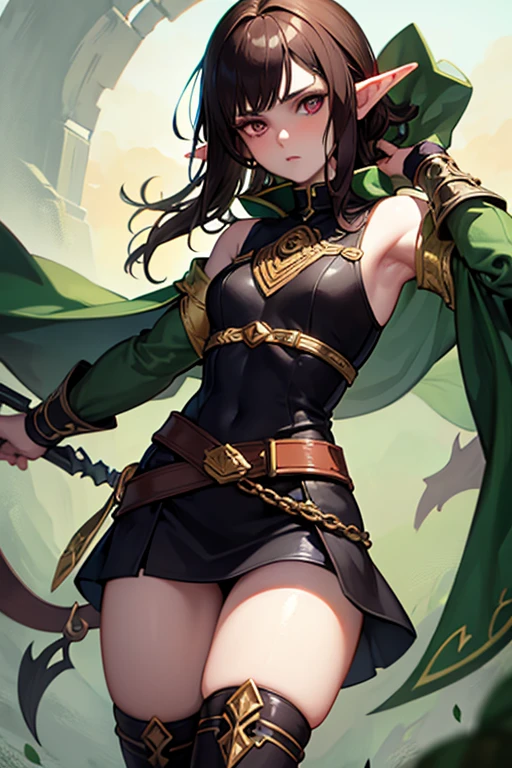 Young elven woman, pale skin, brown hair, a green eye and red a eye, black short clothes, small, dark fantasy, long ears, bladedancer, pissed, jojo art style