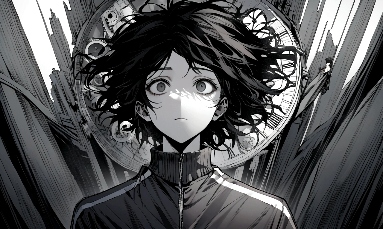 black and white drawing, Background of a huge clockwork collapsing, 26-year-old male on the left 1, black neat hair, a lonely face, wearing gray tracksuit, the machine falls apart.