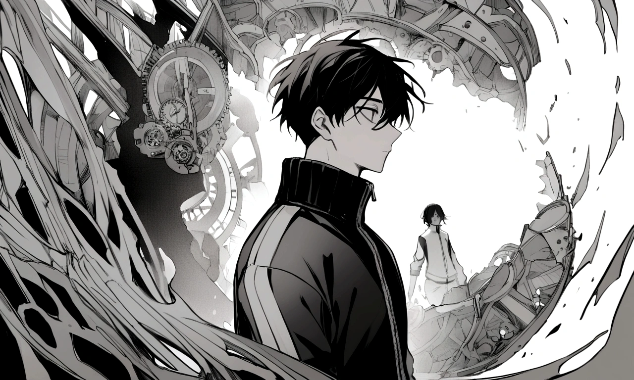 black and white drawing, Background of a huge clockwork collapsing, 26-year-old male on the left 1, black neat hair, a lonely face, wearing gray tracksuit, the machine falls apart.