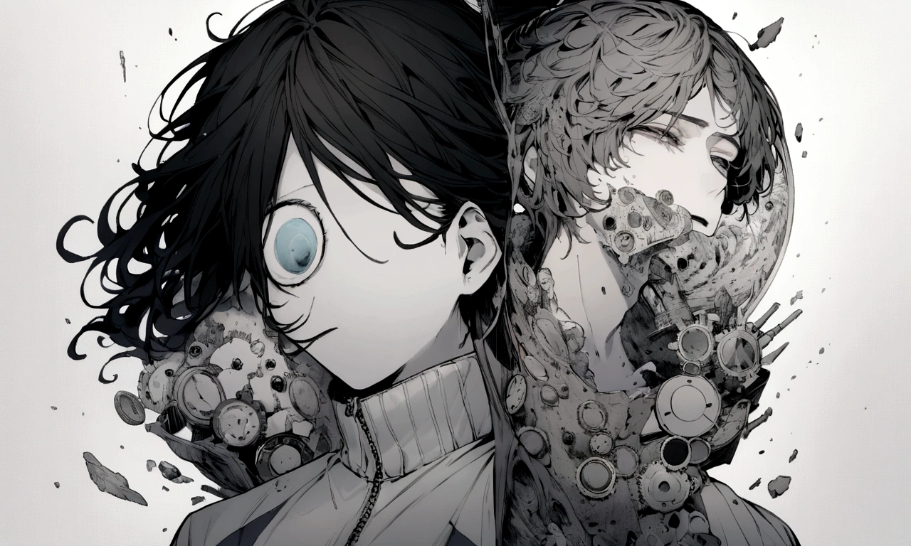 black and white drawing, Background of a huge clockwork collapsing, 26-year-old male on the left 1, black neat hair, a lonely face, wearing gray tracksuit, the machine falls apart.