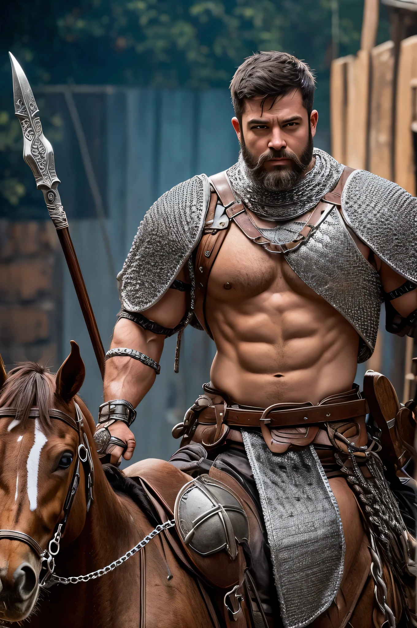 male、Muscular、Rugged face、Muscular々、Bulging eyes、Goggle eyes、Short Hair、Gasatsu、The beard is thick and scruffy、Wearing chain mail、Has a spear、Riding a horse