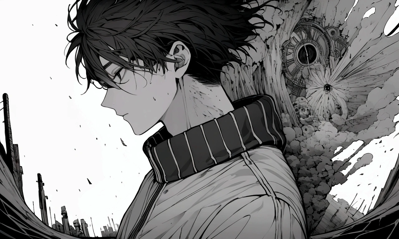 black and white drawing, Background of a huge clockwork collapsing, 26-year-old male on the left 1, black neat hair, a lonely face, wearing gray tracksuit, the machine falls apart, machines collapsing