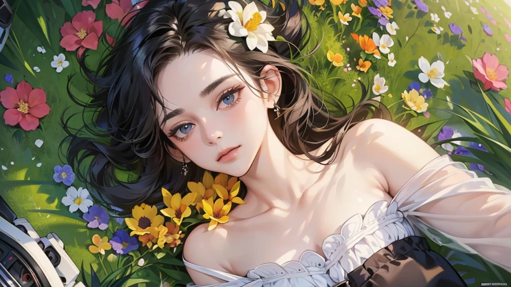 32k, Masterpiece, Highest quality, (Face close-up: 1.2), (Upper body portrait: 1.3), ((Woman lying in a flower garden)), Early in the morning, (((Top View, Drone photography))), Sexy pose, Dramatic Light
