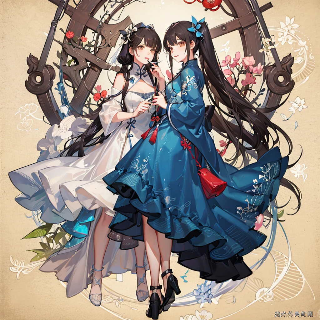 NICE,unparalleled beautiful girl,tteens detailed cute shot, pretty cool and beautiful cute face,super detailed NICE cute face, nice body, beautiful teeth, girl,whole body,(Detailed face:1.2), masterpiece, fashion,China dress,, Medium Hair, Black Hair, Twin tails, Blunt bangs, Brown eyes,