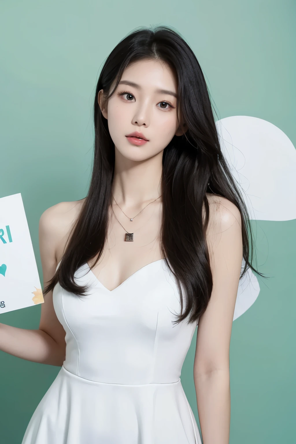 28-year-old Korean woman, fairly pretty, intelligent, elegant appearance, raw hair long to the shoulders. Very bright eyes. Heart-shaped necklace, white dress, frontal camera view, upper body shot.
Holding a sign that reads " Realization of the Rule of Law". 
Green background, 3:5 ratio

Standing upright and looking straight ahead 