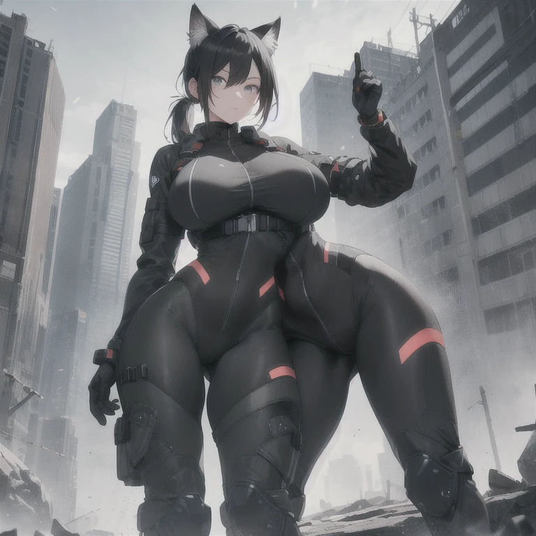 Absurd resolution, high resolution, (masterpiece: 1.4), hyper-detail, full body shot, solo, 1 kemono feline cat woman, humanoid, no skin other than neck and head shown, black hair, messy ponytail, cute face, detailed soft grey eyes, huge massive hyper super swollen heavy breasts, breasts so big that cover her whole torso and are bigger than her head while being so big they reach her belly button, extremely super large swollen perky heavy bust, super huge enormously gigantic tits, gigantic bursting out of her top, wide full hips, narrower torso and shoulders, smaller torso, full thicc big soft thighs, big rounded full soft butt, ruggedized utility styled outfit, fully insulated suit, full body outfit coverage with no skin showing or revealed, scifi monochrome black and grey fullbody covering protective padding rugged loose-fitted pilot utility suit, white zipped utility cropped top for breasts support with a black strap horizontal across cleavage worn on top of suit, tactical strategic angular-patterned protective padding on hips and thighs and abdomen, practical/functional clothing, weather-proof durable clothing material, nylon clothing material, custom made clothing to fit and support large breasts, scifi padded rugged rigid high collar techwear jacket, armored high collar, white and black triangular decals and techwear iconography on apparel and clothing, techwear gloves, arm mounted strapped display scifi tablet/communication device/computer, rugged tablet display mounted on MOLLE strap on top of her bust, ruggedized computer tablet mounted above her breasts, screen display mounted on top of her chest, ruggedized tech, ruggedized tech aesthetic, fitted utility pants, utility chaps, near future scifi, cyberpunk aesthetic, anime aesthetic