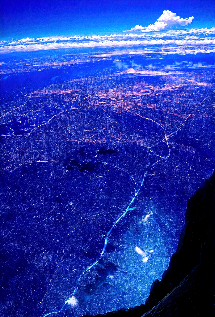 blue sky、shine、cloud、Looking down on the city from the top of the mountain、8k、