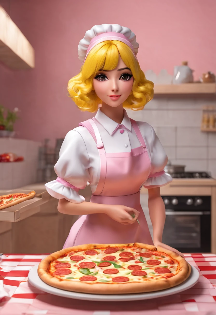 (best qualityer, masterpiece1.2), 1 girl, standing alone, ten mens, cally3d, (chiku), yellow body, yellow hair, Woman, housekeeper, hair elastic, hair clips, holding pizza box, sensuous, detailded, extreme detail, perfect lighting, 4K, pink eyes, holding pizza box,