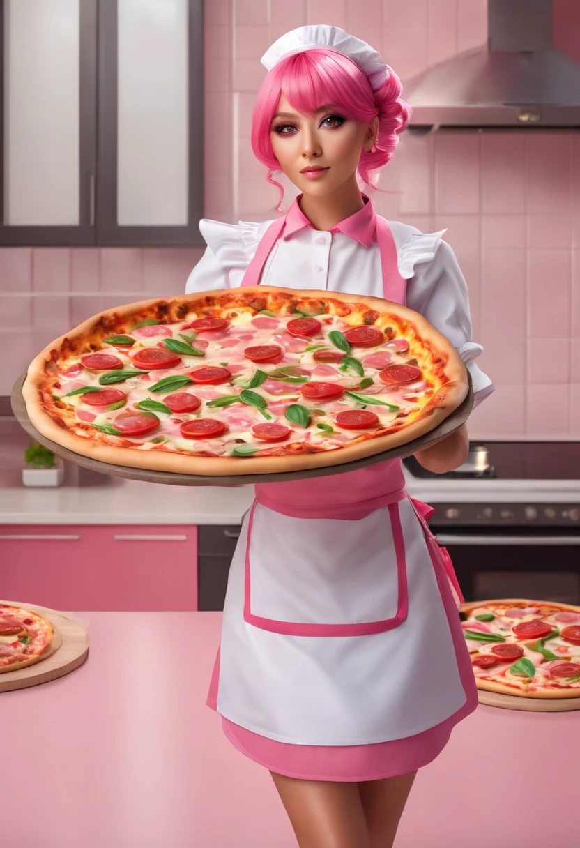 (best qualityer, masterpiece1.2), 1 girl, standing alone, ten mens, cally3d, (chiku), yellow body, yellow hair, Woman, housekeeper, hair elastic, hair clips, holding pizza box, sensuous, detailded, extreme detail, perfect lighting, 4K, pink eyes, holding pizza box,