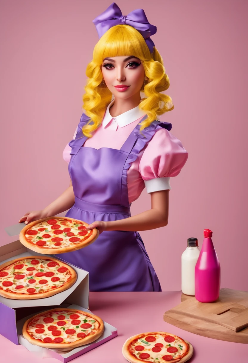 (best qualityer, masterpiece1.2), 1 girl, standing alone, ten mens, cally3d, (chiku), yellow body, yellow hair, Woman, housekeeper, hair elastic, hair clips, holding pizza box, sensuous, detailded, extreme detail, perfect lighting, 4K, pink eyes, holding pizza box,