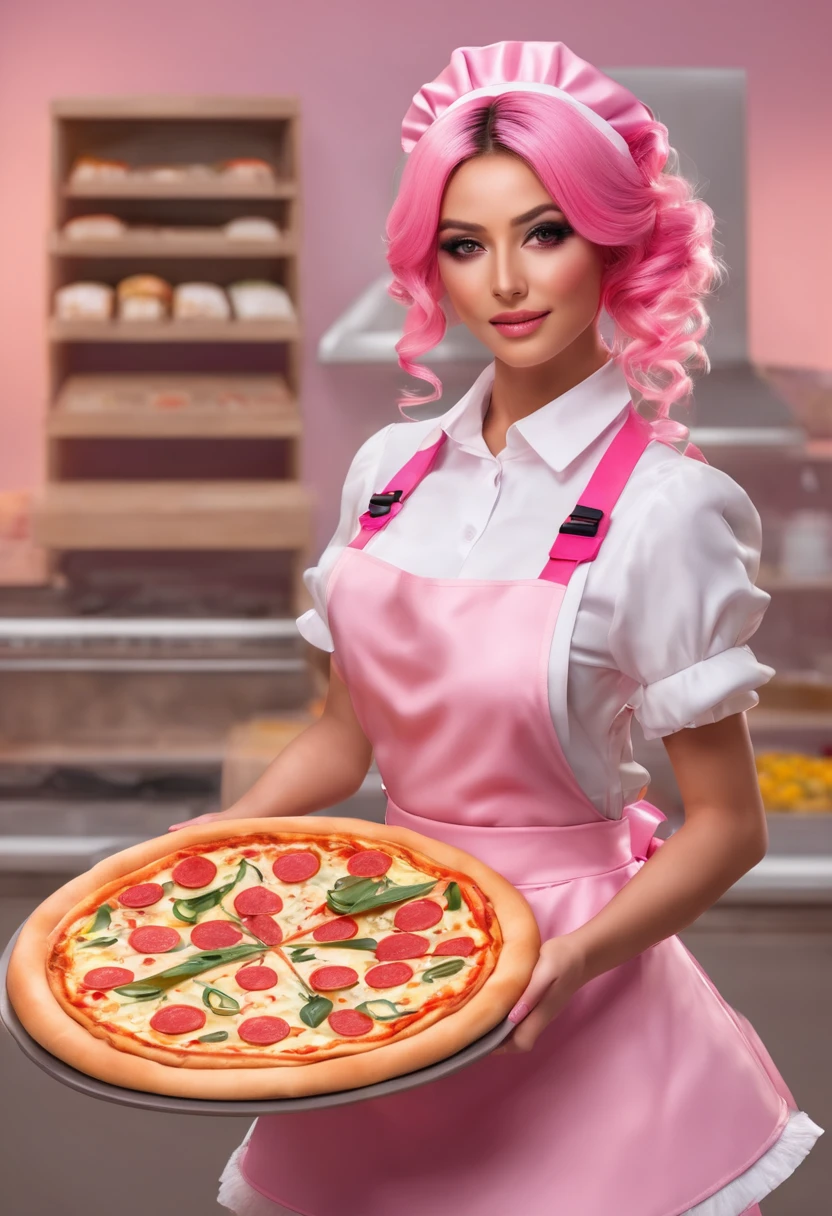 (best qualityer, masterpiece1.2), 1 girl, standing alone, ten mens, cally3d, (chiku), yellow body, yellow hair, Woman, housekeeper, hair elastic, hair clips, holding pizza box, sensuous, detailded, extreme detail, perfect lighting, 4K, pink eyes, holding pizza box,