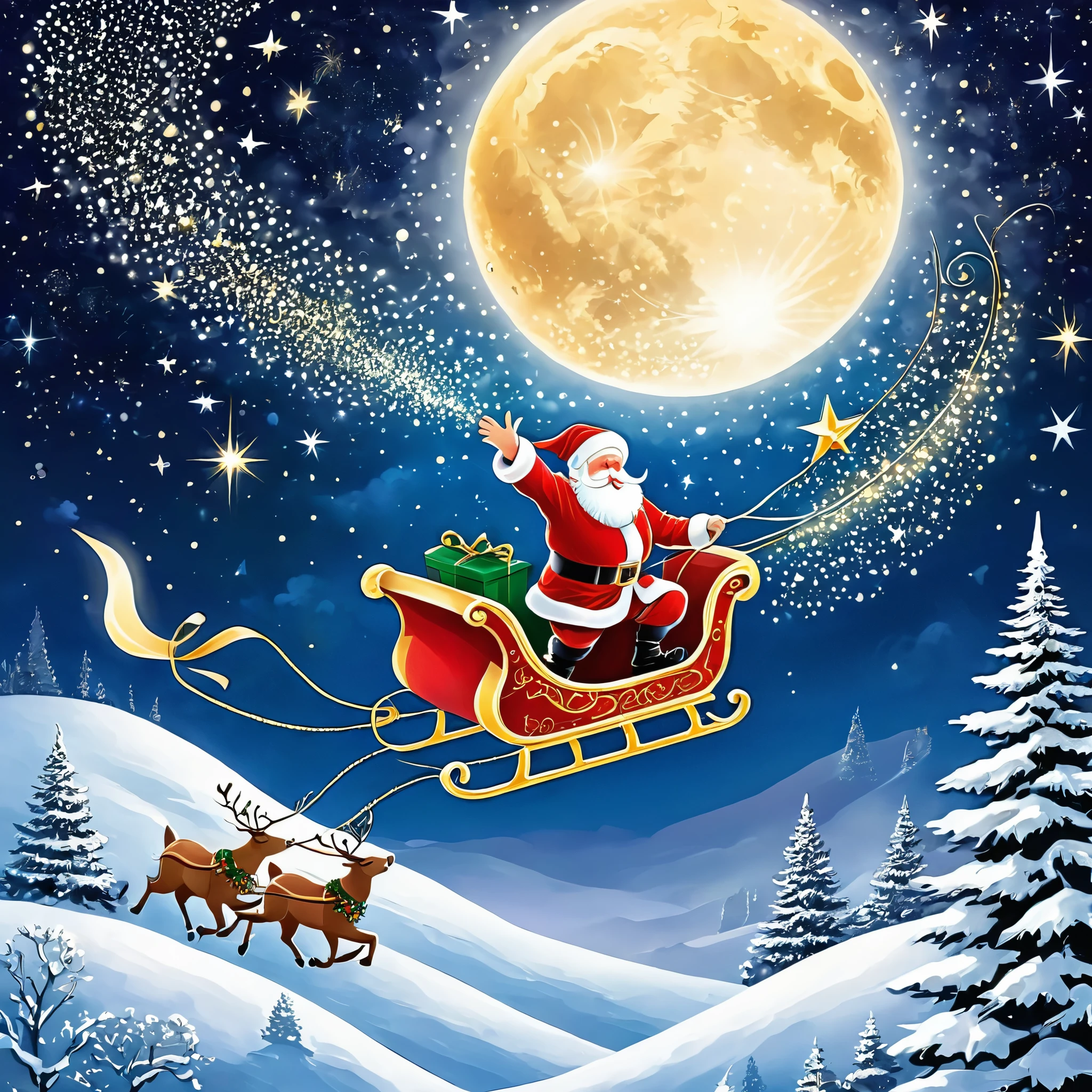 Illustrate Santa Claus flying through a starry, moonlit sky, with his sleigh leaving a trail of stardust. The world below should be in peaceful slumber