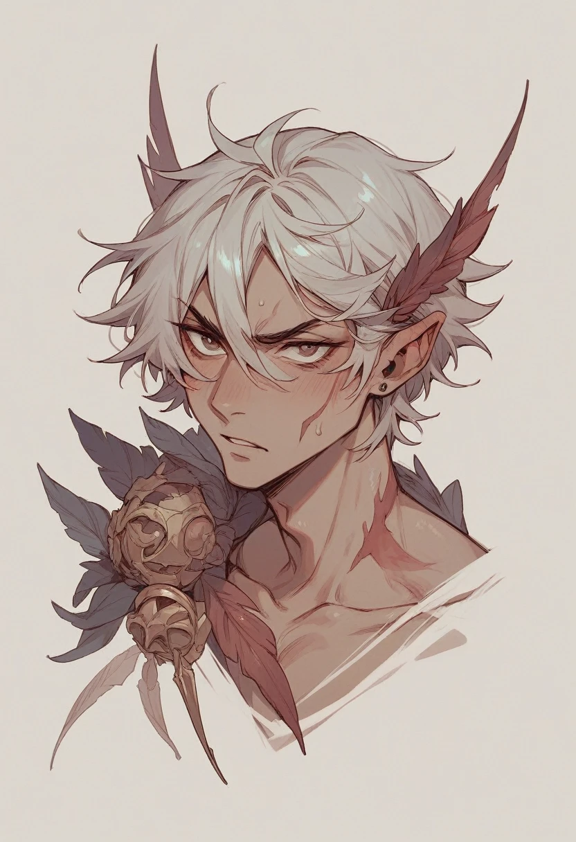 Male, half dragon, fairy, white hair, silver skin, scales, 2 horns