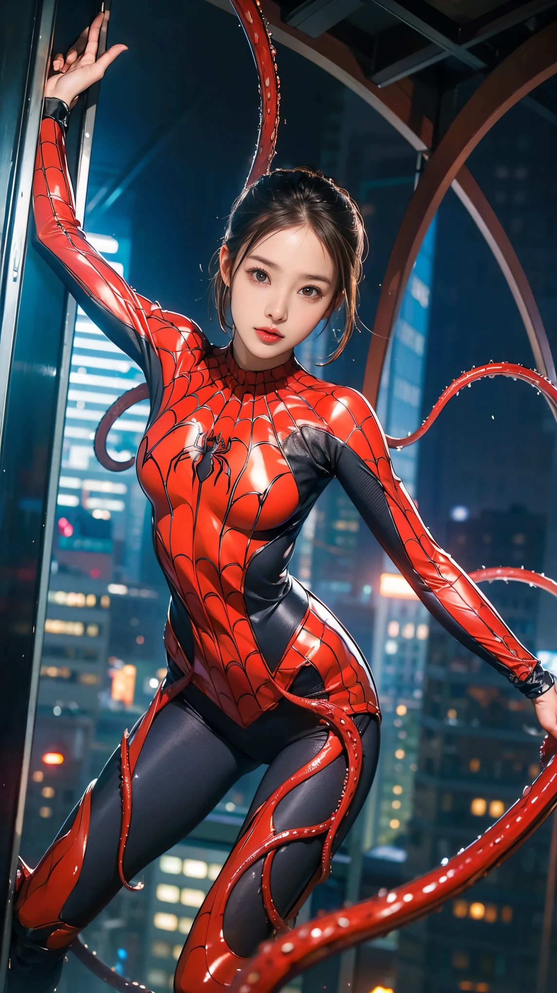 ((masterpiece)),(((最high quality))),thin太もも,Long legs,whole body:1.5,1 Girl,A woman wearing a spider girl costume fights、Childish face and appearance、Damaged by countless mechanical tentacles.,Gravure idol level cuteness,short hair that shows the forehead,Accurately drawn faces,Sweaty skin,thin,Anatomically correct,Perfect proportions,Accurate Fingers,Battle scenes with active poses and angles,mechanical tentacles wrap around your arm.,Spider girl costume that is very thin and fits the body,place々Clothes are torn and skin is visible.,countless mechanical tentacles,In a skyscraper at night,masterpiece,high quality,Spider systems are widespread:1.5,