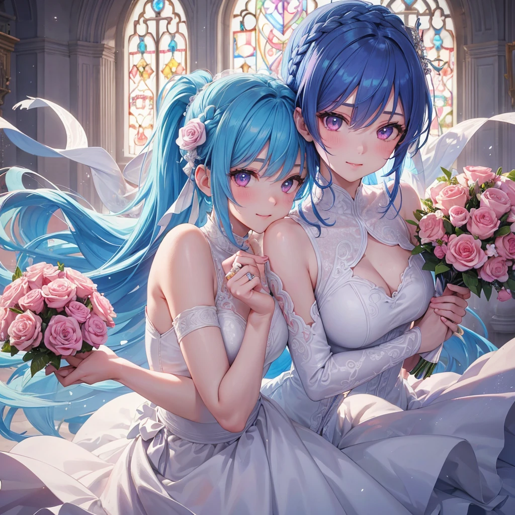 Sky blue hair, (Braided Ponytail),(Pink Eyes),Fair skin ,(whole body),(One girl),bride,A big smile,Straight bangs, 6月のbride,Wedding dress,(masterpiece, Highest quality, Very detailed, Best Shadow), (Detailed Background), (Beautifully detailed face), High Contrast, (Best lighting, Very delicate and beautiful), ((Cinematic Light)), colorful, Hyper Detail, Dramatic Light, Intricate details,Chapel background,Bouquet of roses,Ring on left ring finger,