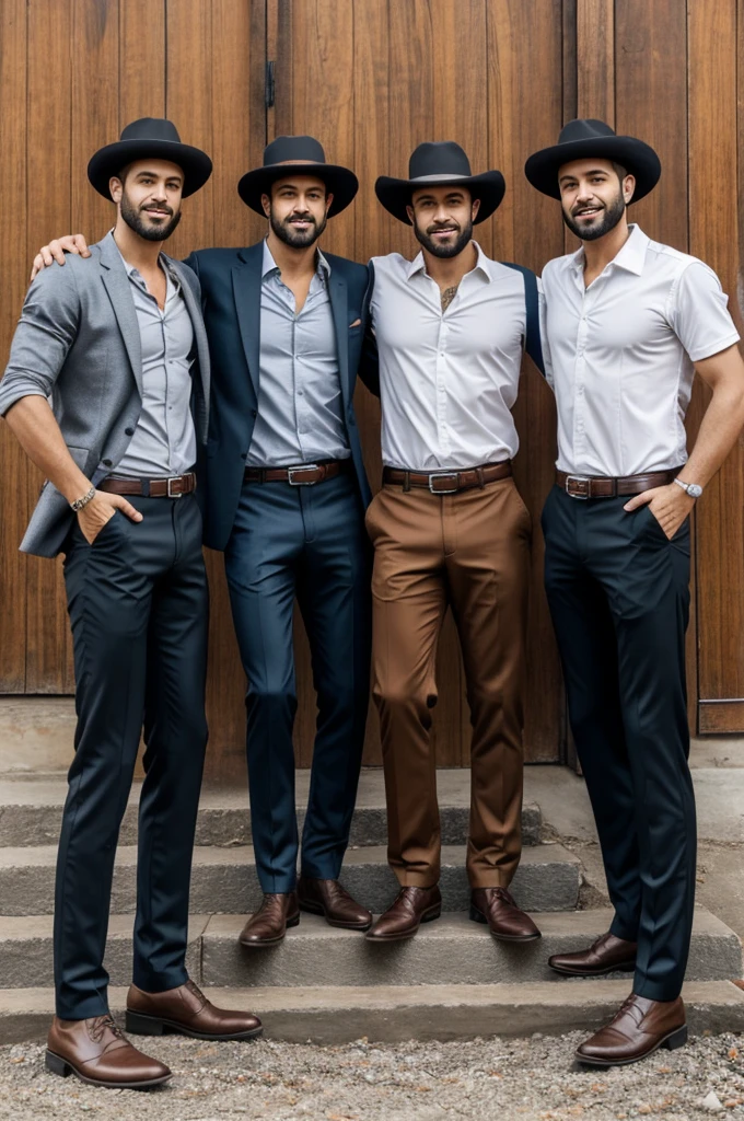Image of three gringo men with alon hats, riding pants and pipe in mouth