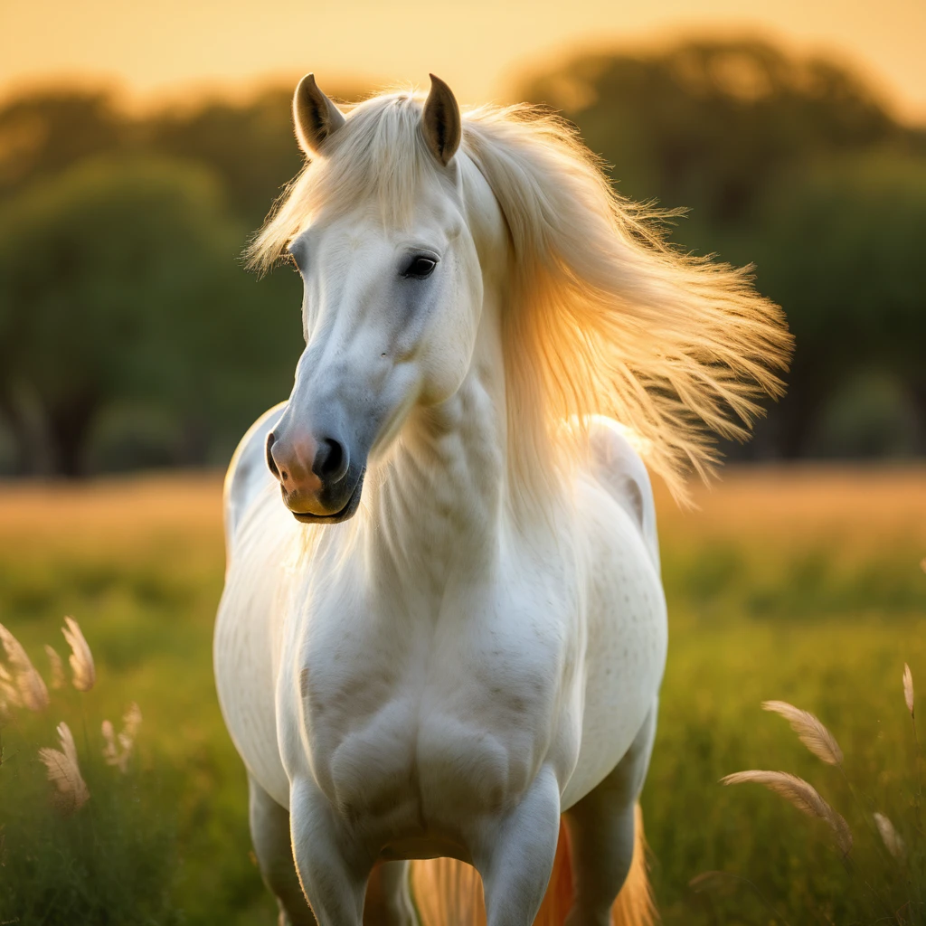 (realistic,photorealistic,photo-realistic:1.37),ultra-detailed,(best quality,4k,8k,highres,masterpiece:1.2),hyper realistic image of the Camargue horse,Cattle Egret,beautiful detailed eyes,extremely detailed face, detailed feathers, white coat, long mane, detailed hooves, grazing in a lush green meadow, golden hour lighting, warm color tones, cinematic composition, dramatic lighting, highly detailed background, intricate textures, dynamic pose, depth of field, atmospheric haze