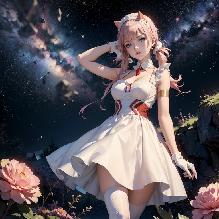 Zero Two, long hair, pink hair, two red horns, 1girl, white maid dress, jewelry, twintails, pigtails, flowing hair, long hair, maid dress with a short skirt and layers, white laces, white boots, white dress with transparency, gold details on her clothes, cat ears, animal ears,  more details, perfectly body, perfectly hands, two hands, two legs, two arms, five fingers, glowing hair, best quality, cat ears, animal ears, white gloves, cat tail, alone, maid headdress, choker, detached sleeves, maid dress, maid white dress, strapless, masterpeice, best quality, detailed face, night, asymmetrical gloves, bangs, white short skirt , earrings, elbow gloves, fishnet thighhighs, fishmasterpeice, solo, best quality, detailed face, hair between eyes, jewelry, looking at viewer, single earring, sky, sleeveless, solo, thigh boots, thighhighs, tongue, tongue out, uneven gloves, cat ears, animal ears, cat tail, solo, alone, Looking at the viewer, magenta roses on her hair, space scenery, maid, maid dress, magenta details, maid headdress, maid apron, purple hair, long hair, seat on the Saturn rings, more details on her clothes, gold details on her clothes, space, smiling, standing her hand to a viewer, looking at the viewer, in the background a several asteroids glowing with fiery auras, Dramatic lighting from distant stars and planets illuminates the scene, looking at the vast and mysterious universe, cowboy shot, upper body portrait, more details, sparkle,