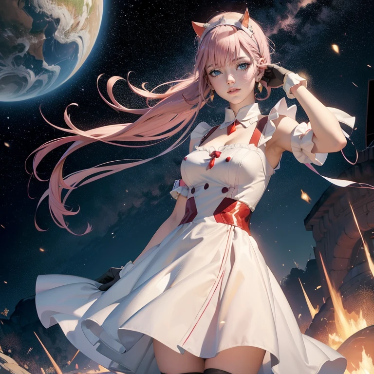 Zero Two, long hair, pink hair, two red horns, 1girl, white maid dress, jewelry, twintails, pigtails, flowing hair, long hair, maid dress with a short skirt and layers, white laces, white boots, white dress with transparency, gold details on her clothes, cat ears, animal ears,  more details, perfectly body, perfectly hands, two hands, two legs, two arms, five fingers, glowing hair, best quality, cat ears, animal ears, white gloves, cat tail, alone, maid headdress, choker, detached sleeves, maid dress, maid white dress, strapless, masterpeice, best quality, detailed face, night, asymmetrical gloves, bangs, white short skirt , earrings, elbow gloves, fishnet thighhighs, fishmasterpeice, solo, best quality, detailed face, hair between eyes, jewelry, looking at viewer, single earring, sky, sleeveless, solo, thigh boots, thighhighs, tongue, tongue out, uneven gloves, cat ears, animal ears, cat tail, solo, alone, Looking at the viewer, magenta roses on her hair, space scenery, maid, maid dress, magenta details, maid headdress, maid apron, purple hair, long hair, seat on the Saturn rings, more details on her clothes, gold details on her clothes, space, smiling, standing her hand to a viewer, looking at the viewer, in the background a several asteroids glowing with fiery auras, Dramatic lighting from distant stars and planets illuminates the scene, looking at the vast and mysterious universe, cowboy shot, upper body portrait, more details, sparkle,