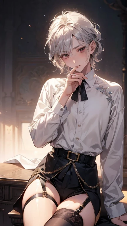 8K, masterpiece, Highest quality, Very detailed, One boy, Silver Hair, Short Medium Hair,Wavy Hair、Shiny brown eyes, sexy, garter belt, White shirt, Sidelong glance, Seductive pose, Close-up view, Sitting on the throne, ring, View Viewer, Hands touching chin、Thin eyebrows、Beautiful fingers、Beautiful Boys.