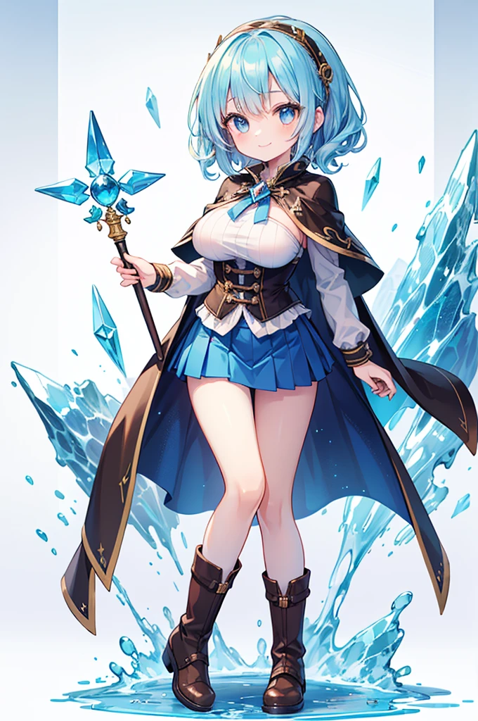 Fantasy,((Masterpiece)),((high resolution)),((Best Quality)),Anime illustration,((1girl)),(wavy hair),(short hair),(pale blue hair color),small ponytail,headband,Indigo eyes,(Big round eyes),((tareme)),((child)),12 years old,((baby face)),(((very big breasts))),Short stature,Young,(loli),,ice wizard,sleeveless white blouse,Blue mini skirt,slit,Brown corset,brown capelet,smile,,Brown long boots,wizard's wand with blue gem,