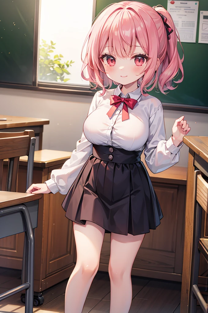 Fantasy,((Masterpiece)),((high resolution)),((Best Quality)),Anime illustration,((1girl)),(wavy hair),(short hair),(pale pink hair color),small ponytail,Red eyes,(Big round eyes),((tareme)),((child)),12 years old,((baby face)),((very big breasts)),Short stature,Young,((loli)),,,cardigan,mini skirt,smile,Ladylike,classroom,