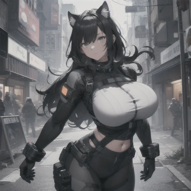 Absurd resolution, high resolution, (masterpiece: 1.4), hyper-detail, full body shot, solo, 1 kemono feline cat woman, humanoid, no skin other than neck and head shown, black hair, messy ponytail, cute face, detailed soft grey eyes, huge massive hyper super swollen heavy breasts, breasts so big that cover her whole torso and are bigger than her head while being so big they reach her belly button, extremely super large swollen perky heavy bust, super huge enormously gigantic tits, gigantic bursting out of her top, wide full hips, narrower torso and shoulders, smaller torso, full thicc big soft thighs, big rounded full soft butt, ruggedized utility styled outfit, fully insulated suit, full body outfit coverage with no skin showing or revealed, scifi monochrome black and grey fullbody covering protective padding rugged loose-fitted pilot utility suit, white zipped utility cropped top for breasts support with a black strap horizontal across cleavage worn on top of suit, tactical strategic angular-patterned protective padding on hips and thighs and abdomen, practical/functional clothing, weather-proof durable clothing material, nylon clothing material, custom made clothing to fit and support large breasts, scifi padded rugged rigid high collar techwear jacket, armored high collar, white and black triangular decals and techwear iconography on apparel and clothing, techwear gloves, arm mounted strapped display scifi tablet/communication device/computer, ruggedized tech, ruggedized tech aesthetic, fitted utility pants, utility chaps, near future scifi, cyberpunk aesthetic, anime aesthetic
