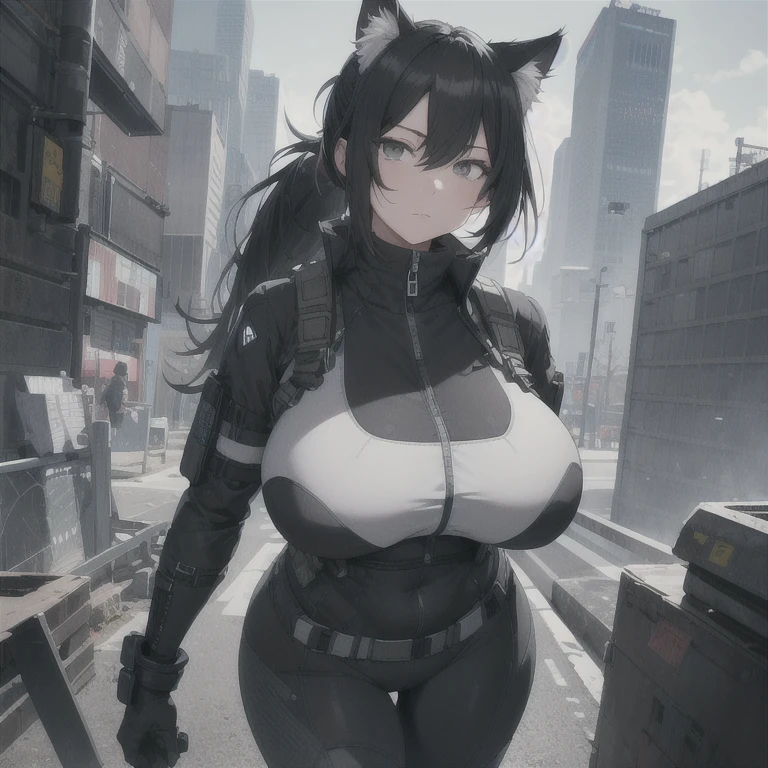 Absurd resolution, high resolution, (masterpiece: 1.4), hyper-detail, full body shot, solo, 1 kemono feline cat woman, humanoid, no skin other than neck and head shown, black hair, messy ponytail, cute face, detailed soft grey eyes, huge massive hyper super swollen heavy breasts, breasts so big that cover her whole torso and are bigger than her head while being so big they reach her belly button, extremely super large swollen perky heavy bust, super huge enormously gigantic tits, gigantic bursting out of her top, wide full hips, narrower torso and shoulders, smaller torso, full thicc big soft thighs, big rounded full soft butt, ruggedized utility styled outfit, fully insulated suit, full body outfit coverage with no skin showing or revealed, scifi monochrome black and grey fullbody covering protective padding rugged loose-fitted pilot utility suit, white zipped utility cropped top for breasts support with a black strap horizontal across cleavage worn on top of suit, tactical strategic angular-patterned protective padding on hips and thighs and abdomen, practical/functional clothing, weather-proof durable clothing material, nylon clothing material, custom made clothing to fit and support large breasts, scifi padded rugged rigid high collar techwear jacket, armored high collar, white and black triangular decals and techwear iconography on apparel and clothing, techwear gloves, arm mounted strapped display scifi tablet/communication device/computer, ruggedized tech, ruggedized tech aesthetic, fitted utility pants, utility chaps, near future scifi, cyberpunk aesthetic, anime aesthetic