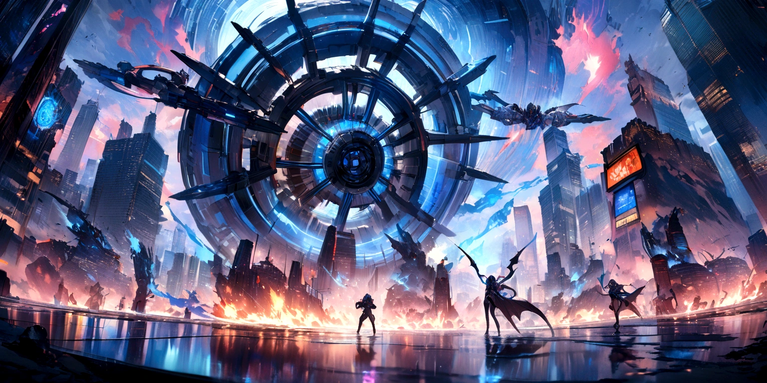 ((masterpiece, Highest quality, Best image quality, High resolution、4k)) A giant wheel、Burning Wheels、A single Wheeled Demon with glowing blue eyes and advanced cybernetic enhancements. Seen in dynamic action poses, reflection on a smooth surface. The cityscape below is filled with towering skyscrapers., illuminated by colorful holographic advertisements, Shining with blue energy, Mighty power. The overall atmosphere is dark and mysterious., It had a futuristic techno vibe.. The lighting is dramatic, Intense highlights and deep shadows, Creates depth and tension.