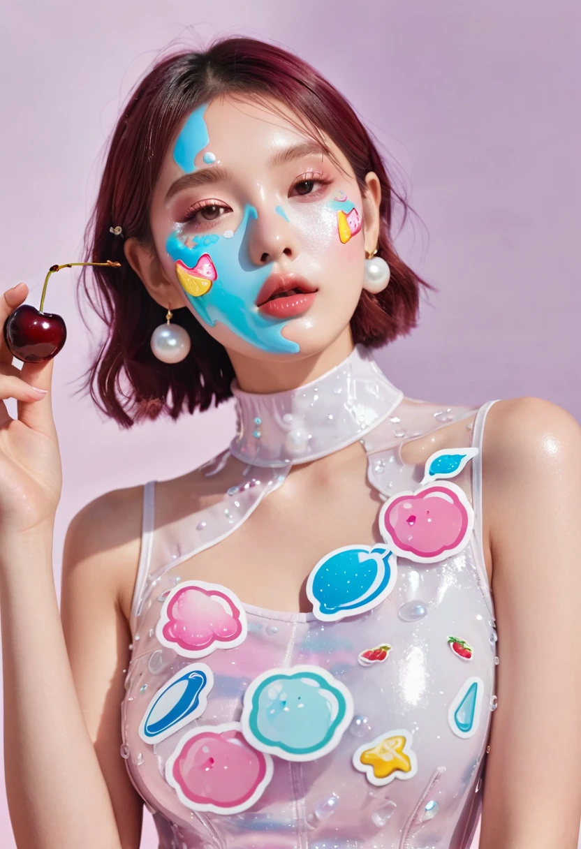 Summer ice cream girl，Dopamine teenage， Cool summer days，Ice cubes，Ice cream stickers around the face，Cherry stickers，The watery girl，Delicate skin，Hydration，Shiny，Shiny，dream，Front view，bust，pearl