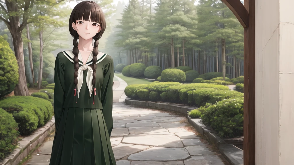 16 years old, masterpiece, Highest quality, High resolution, aayoshino, Slender figure, Sickly, skin color is fair, whole body, White Rose, Long Hair, Twin Blade, Brown eyes, Hair that falls over the shoulders, , Sailor collar, neckerchief, Green Shirt, One piece sailor shirt, Long sleeve, Green Skirt, Long skirt, Are standing, Cowboy Shot, Outdoor, White Rose庭園, Person on the right, Shining Face