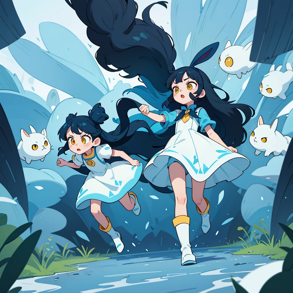 a black , with long, voluminous blue hair, yellow  eyes, a white dress and blue boots make her run after a furry white rabbit 